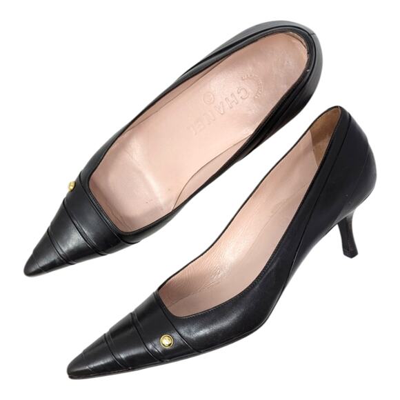 Vintage Chanel kitten heel brown leather CC logo captoe pointed toe Y2K 38.5 - Picture 1 of 12